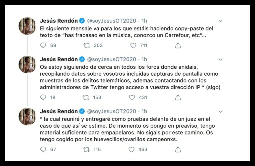 Los mensajes de Jesús Rendón en su cuenta de Twitter.
