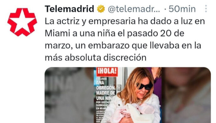 El incendiario tuit de Telemadrid sobre la noticia de Ana Obregón por el que tienen que retractarse