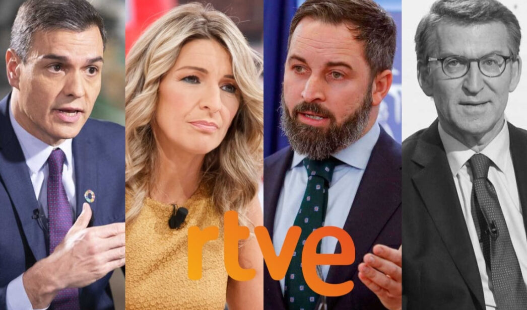 RTVE mantiene su debate a 4 con Pedro Sánchez, Yolanda Díaz y Santiago Abascal.