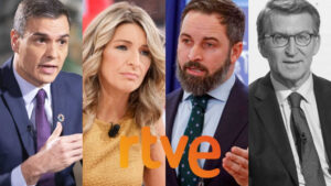 RTVE mantiene su debate a 4 con Pedro Sánchez, Yolanda Díaz y Santiago Abascal.