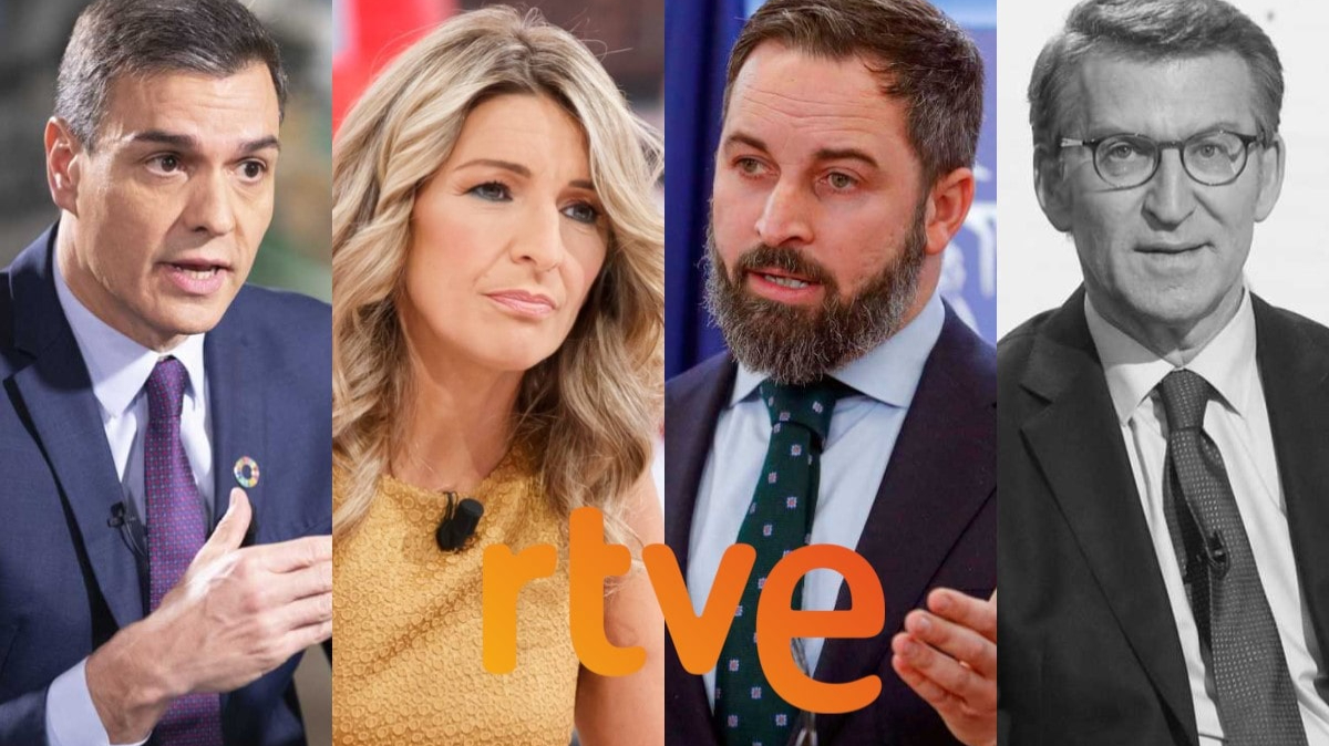 RTVE mantiene su debate a 4 con Pedro Sánchez, Yolanda Díaz y Santiago Abascal.