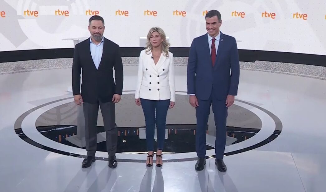 Santiago Abascal, Yolanda Díaz y Pedro Sánchez en el debate final.