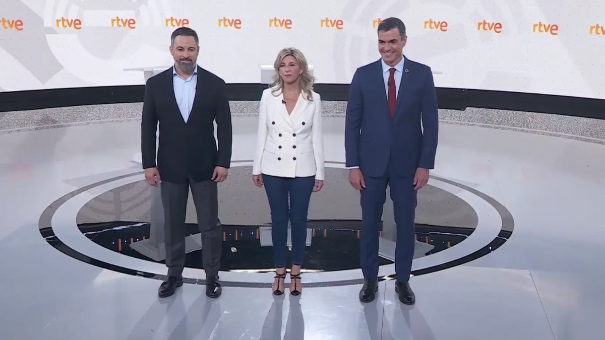 Santiago Abascal, Yolanda Díaz y Pedro Sánchez en el debate final.