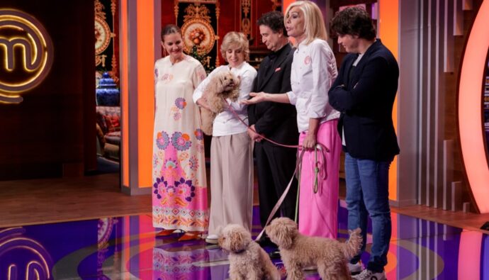 Anabel Alonso, Bibiana Fernández, el jurado junto a perros en 'MasterChef Celebrity'.