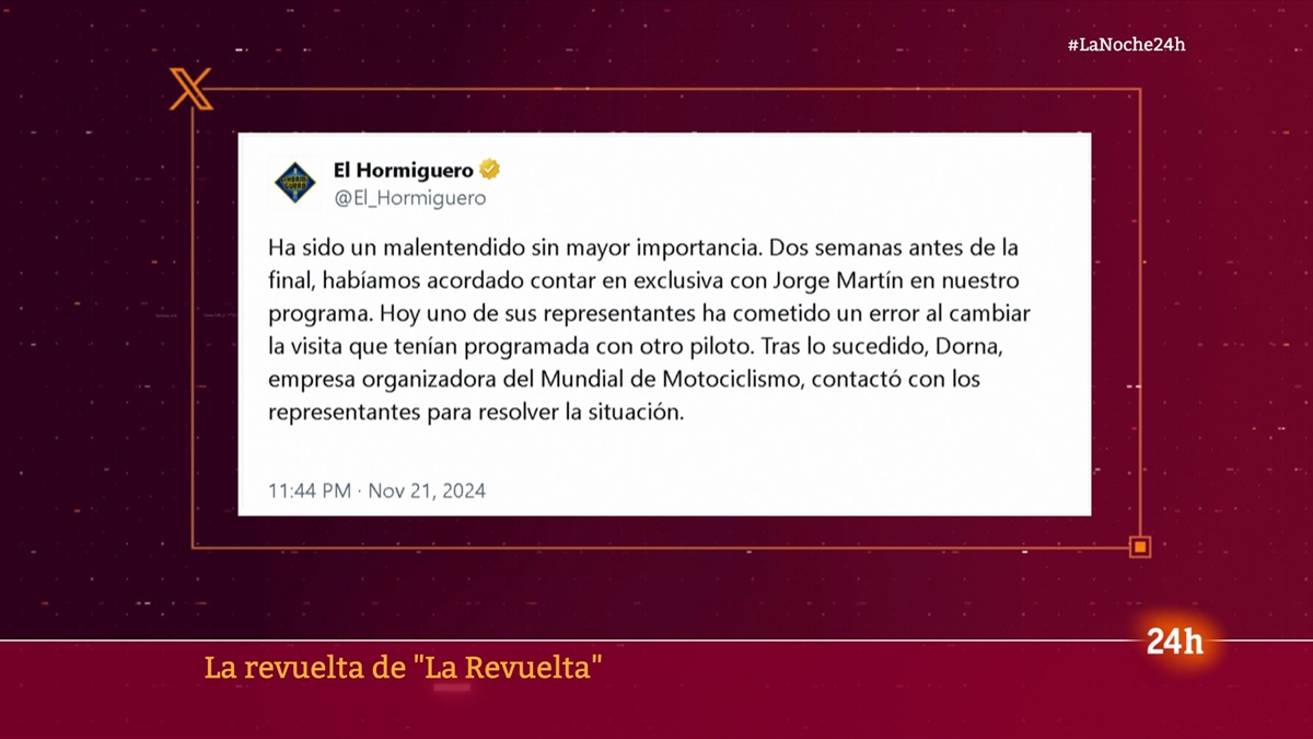 'La noche en 24 horas' lee el comunicado de 'El Hormiguero'