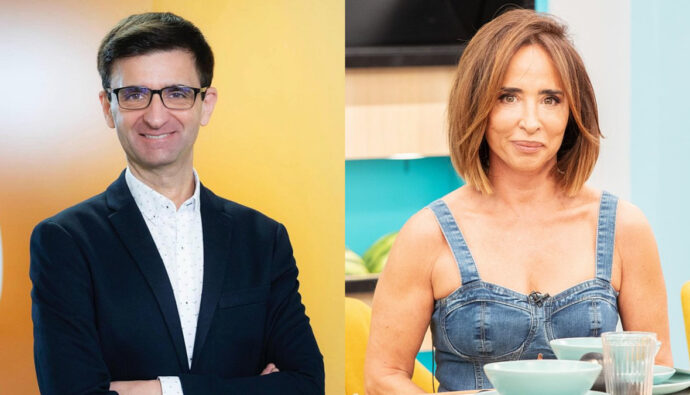El presidente de RTVE, José Pablo López, y María Patiño en 'La familia de la tele'.