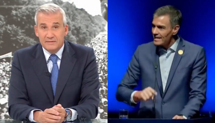 Víctor Arribas, presentador de Telemadrid y Pedro Sánchez