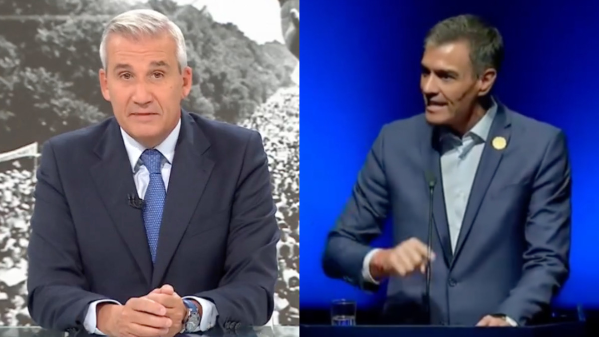 Víctor Arribas, presentador de Telemadrid y Pedro Sánchez