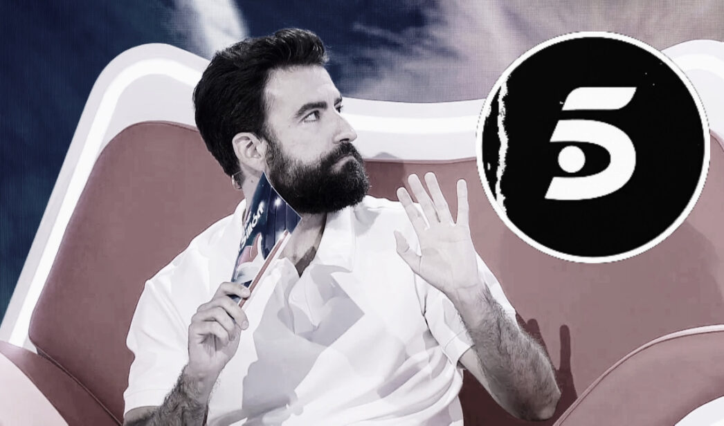 Rafa Castaño en 'Agárrate al sillón' y el logotipo de Telecinco