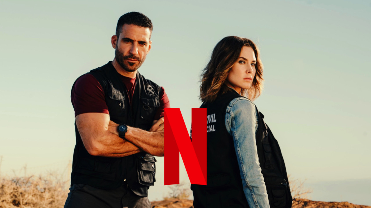 Miguel Ángel Silvestre y Katia Fallin y el logo de Netflix