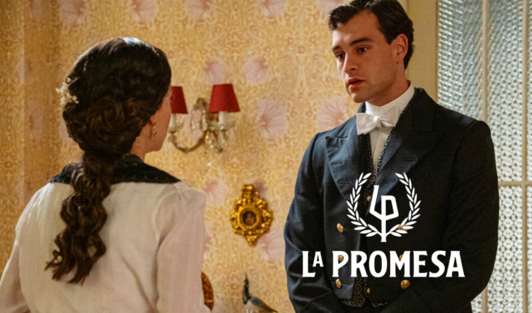 Ángela y Curro y el logo de La Promesa