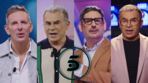 Fotomontaje con Joaquín Prat, Jorge Javier y Eugeni Alemany y logo de Telecinco