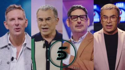 Fotomontaje con Joaquín Prat, Jorge Javier y Eugeni Alemany y logo de Telecinco