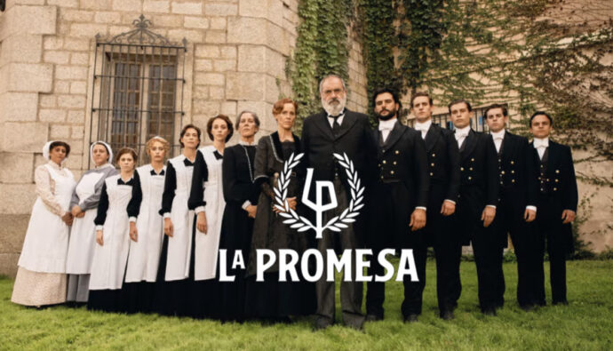 Parte del reparto de 'La Promesa' y logo de la serie