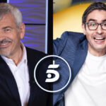 Carlos Sobera, Juanra Bonet y el logo de Telecinco