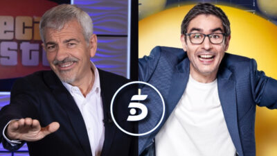 Carlos Sobera, Juanra Bonet y el logo de Telecinco