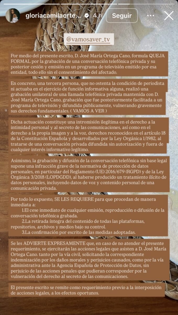 Queja formal publicada en el Instagram de Gloria Camila