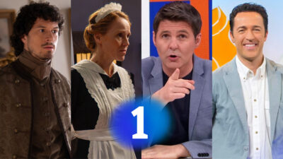 Montaje de las principales caras de RTVE y logo de La 1