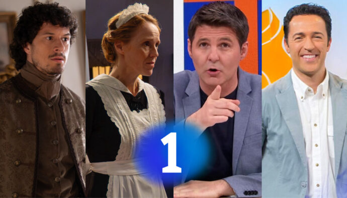 Montaje de las principales caras de RTVE y logo de La 1