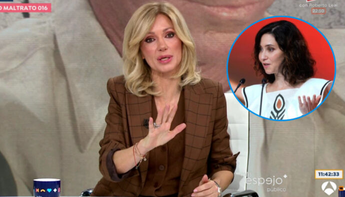 La presentadora Susanna Griso con un detalle de la presidenta madrileña, Isabel Díaz Ayuso, al fondo