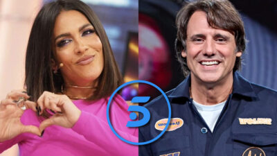 Lorena Castell, Ion Aramendi y el logo de Telecinco