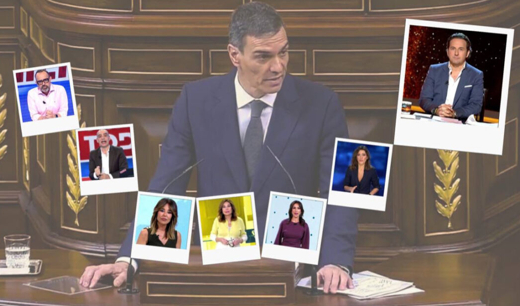 Fotomontaje de Pedro Sánchez y varios rostros de Mediaset