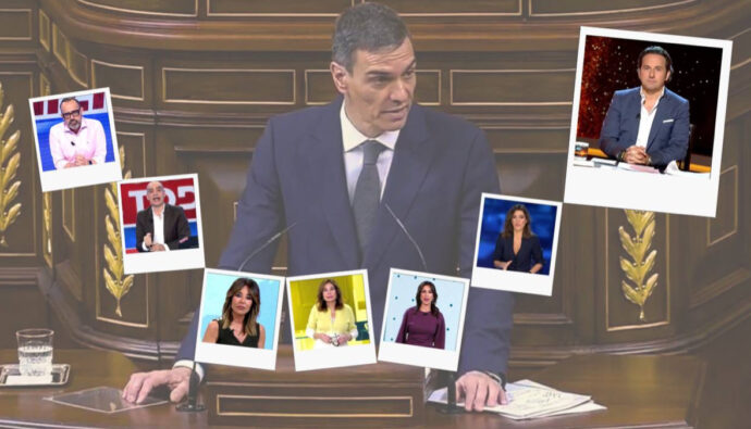 Fotomontaje de Pedro Sánchez y varios rostros de Mediaset