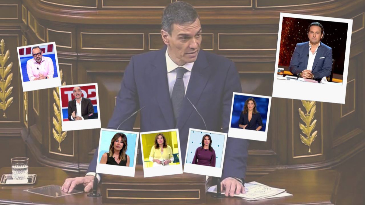 Fotomontaje de Pedro Sánchez y varios rostros de Mediaset