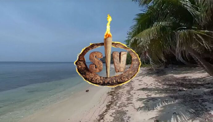Playa Cabeza de León y el logo de 'Supervivientes'.
