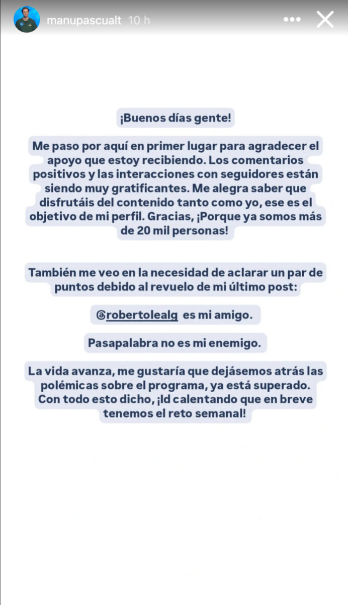 Comunicado de Manu Pascual en Instagram